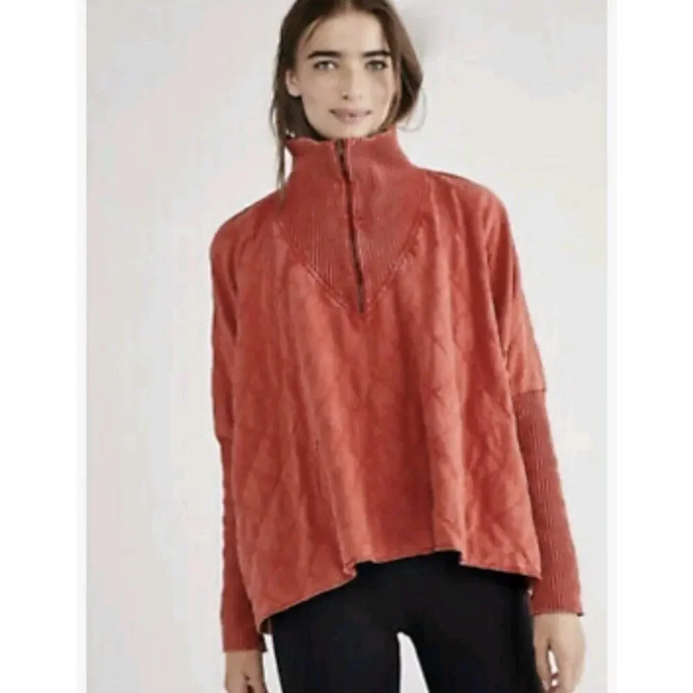 Free People Shiloh Quilted Sweatshirt Pullover‎ Zip Swing Hi Lo Size Small